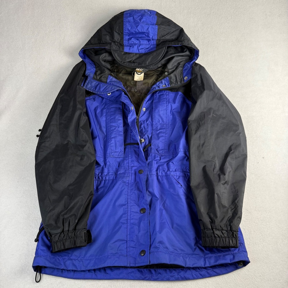 REI Gore-Tex Rain Jacket Womens Medium Blue Black Hooded‎ Parka Ripstop Shell
